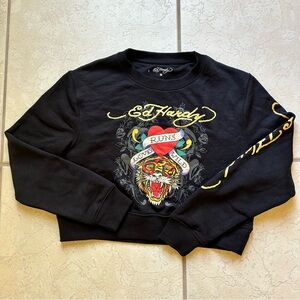Ed Hardy Black Crewneck Sweater with Tiger Heart Graphic